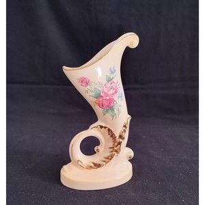 Royal Copley Cornucopia Horn of Plenty Vase Floral Gold Trim Planter Vintage